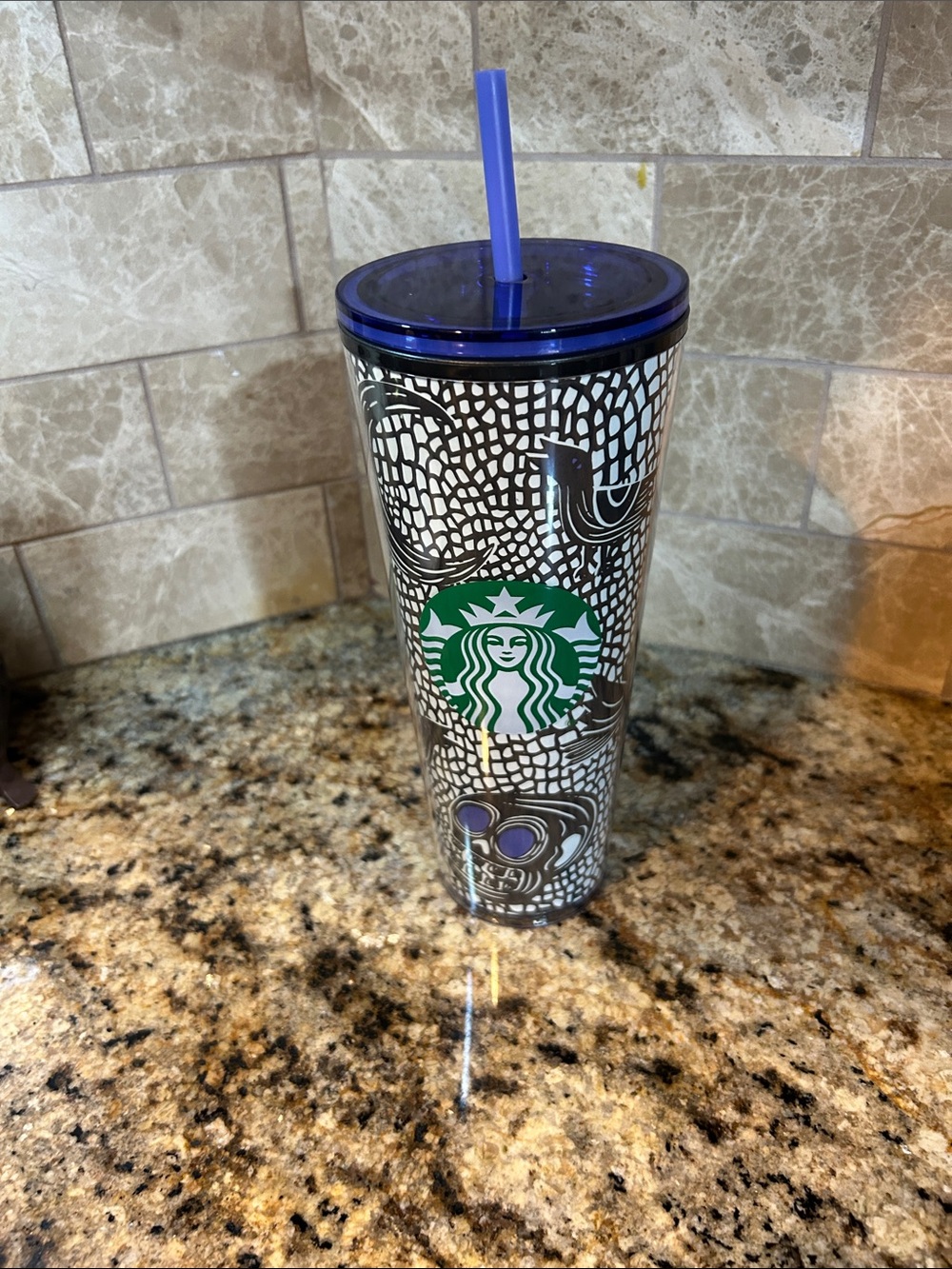 Starbucks Black & White Mosaic Tumbler with Purple Lid and Straw, 24 oz, New